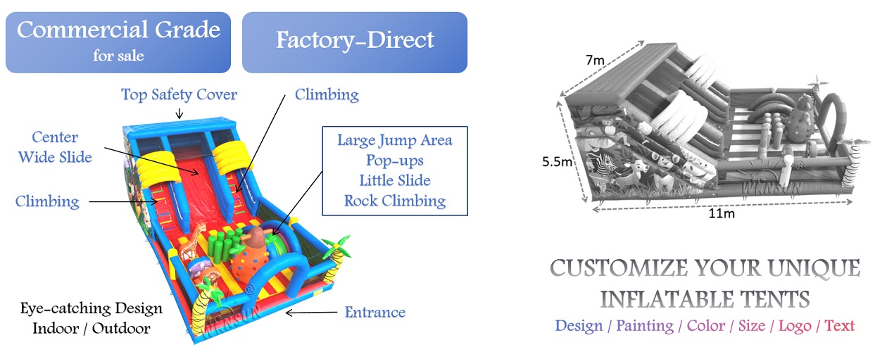 Custom jungle-themed inflatable slide with bounce area for marketing agencies