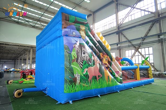 Eco-friendly jungle inflatable slide with bounce area for sustainable events