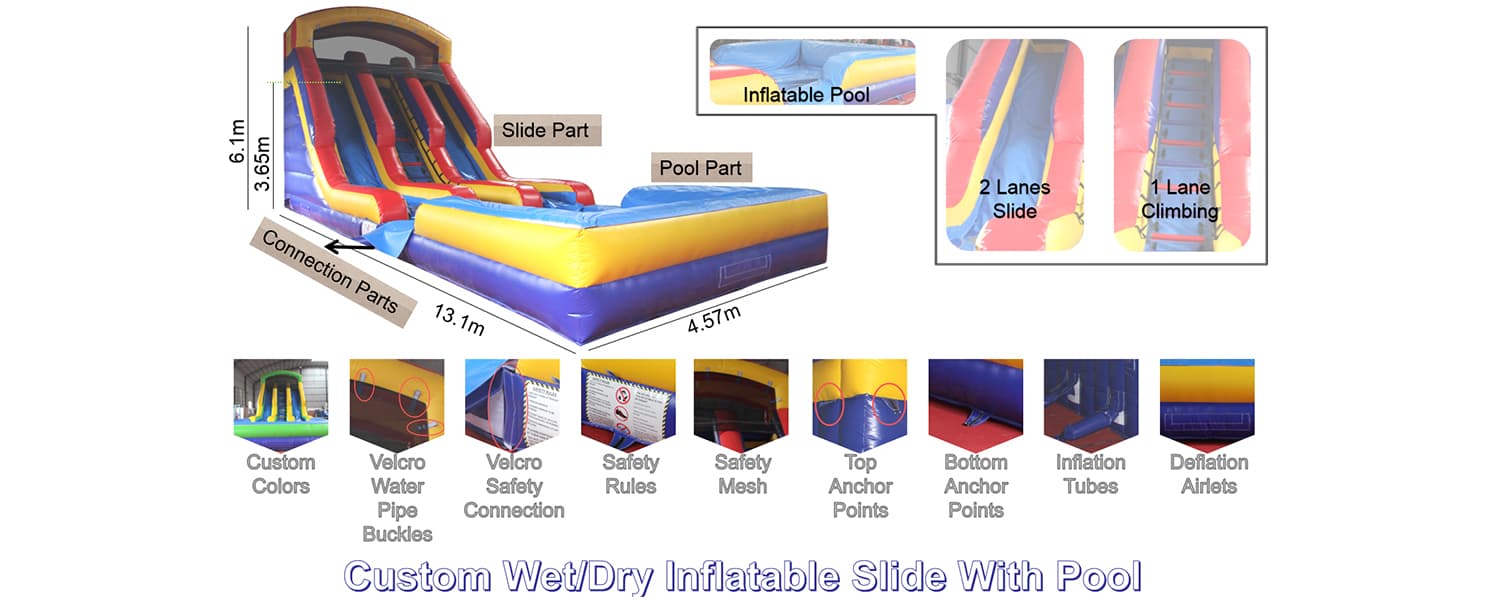 custom inflatable wet slide with pool
